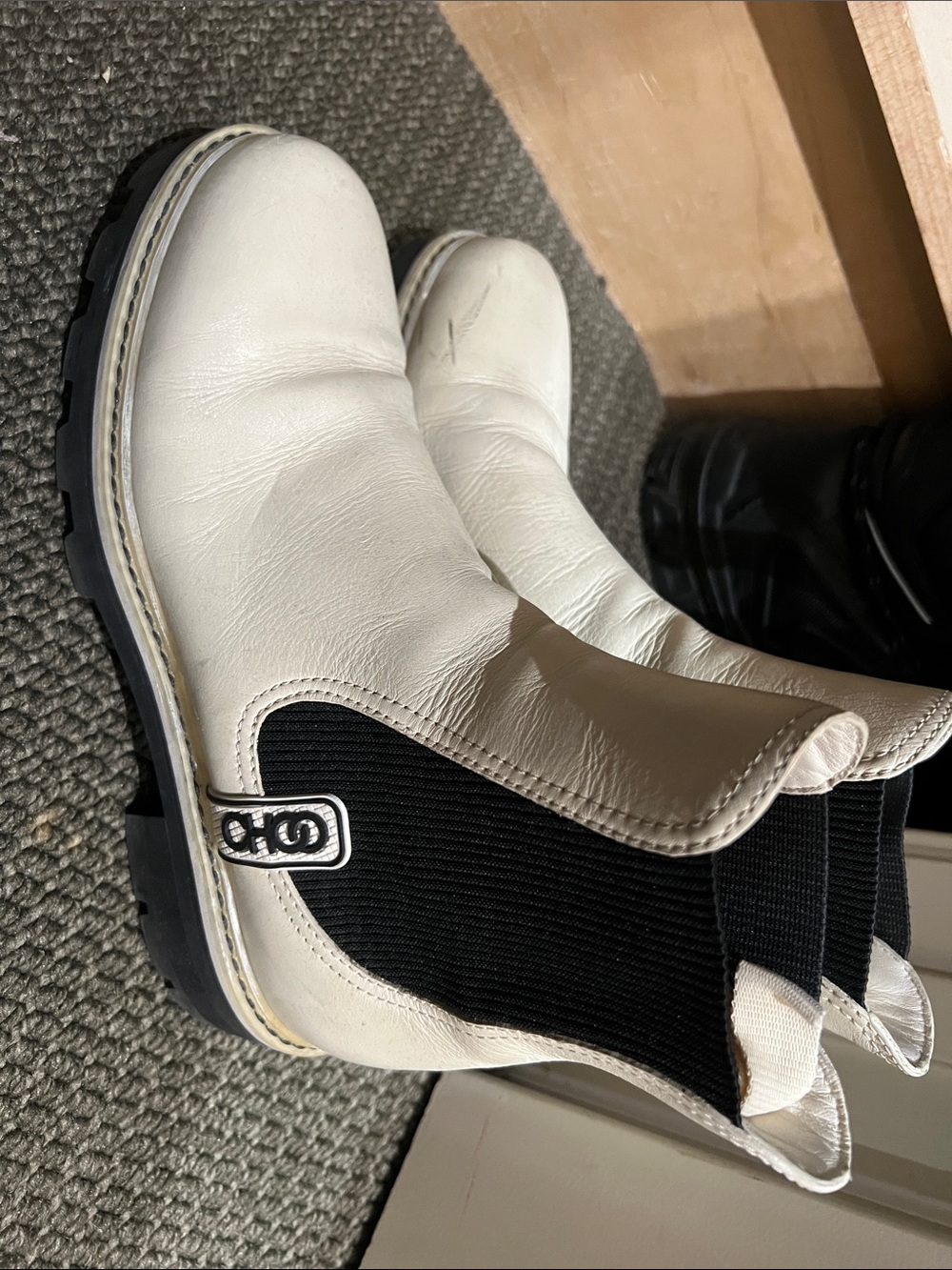 Jimmy Choo White and Black Leather Chelsea Booties